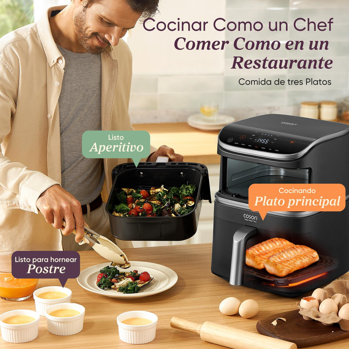 Hombre preparando un menú completo de tres platos como un chef en casa con COSORI