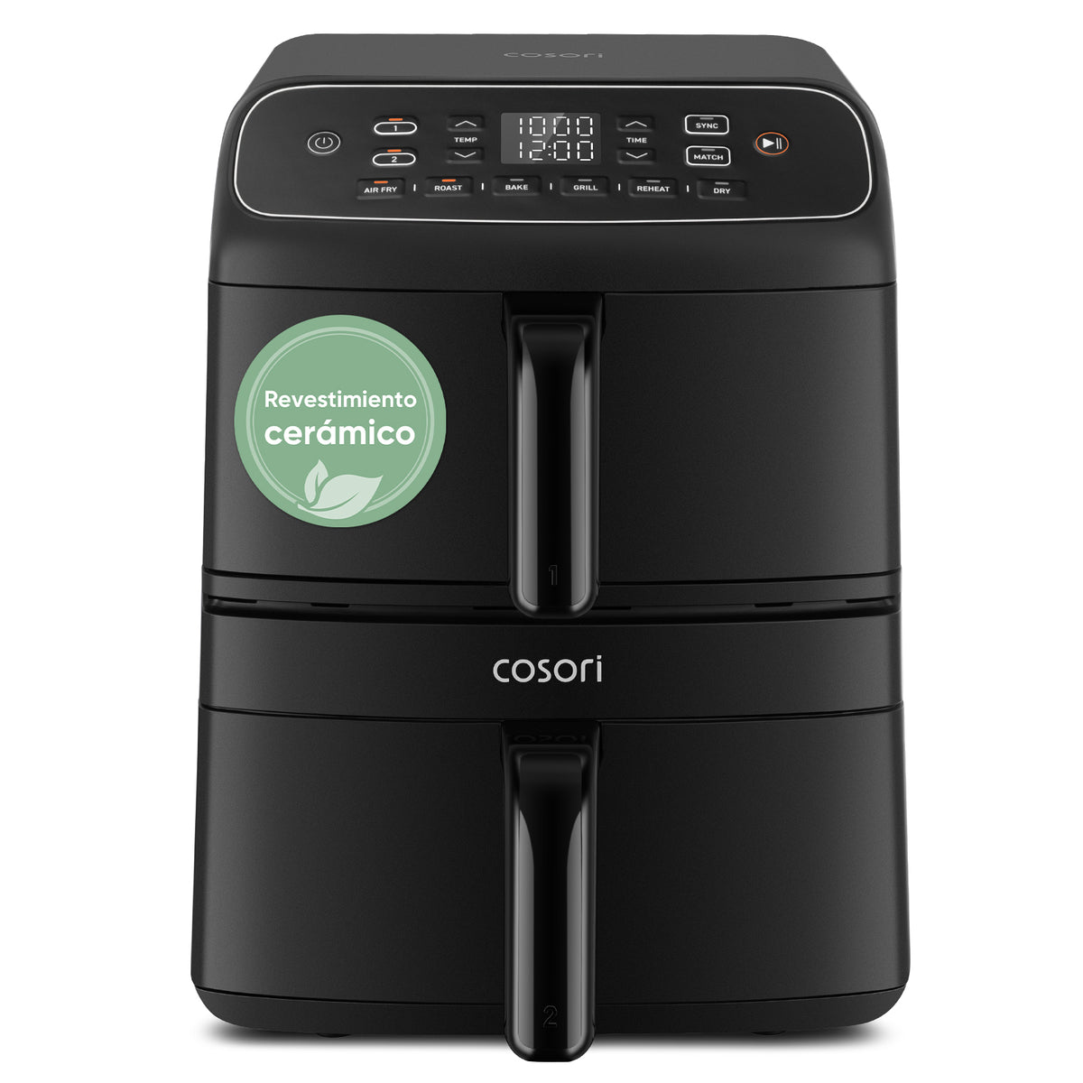 Vista frontal de la freidora de aire COSORI Turbo Tower Compacto 8,6L en color negro con sello de revestimiento cerámico