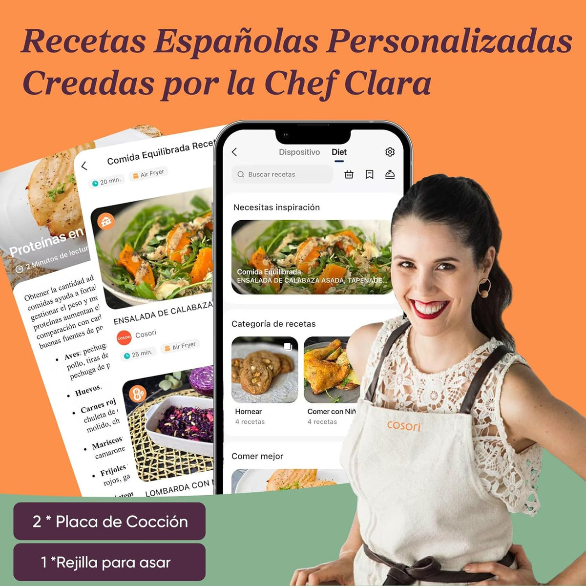 Imagen de Chef Clara con su recetario y smartphone mostrando recetas personalizadas.