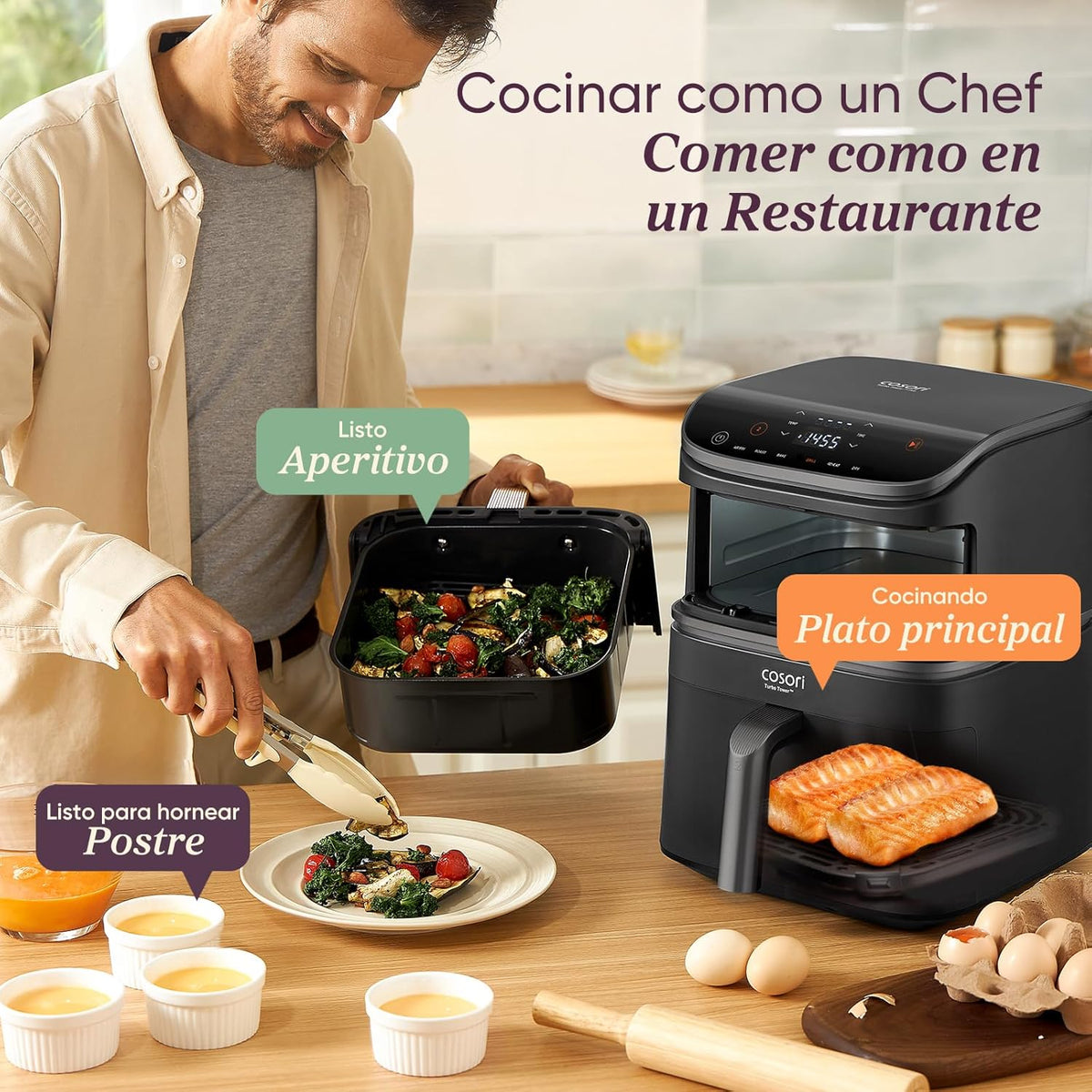 Chef sirviendo comida preparada con la freidora en un ambiente de restaurante.
