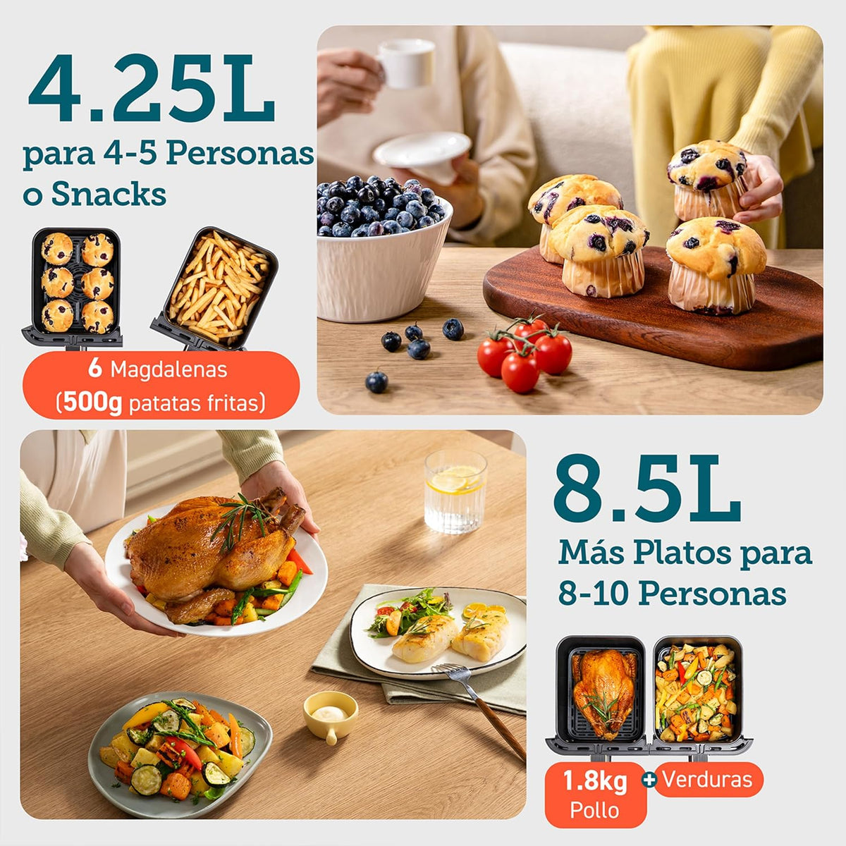 Cosori Freidora de Aire Grande con Doble Cesta 8,5L Air Fryer Blanca
