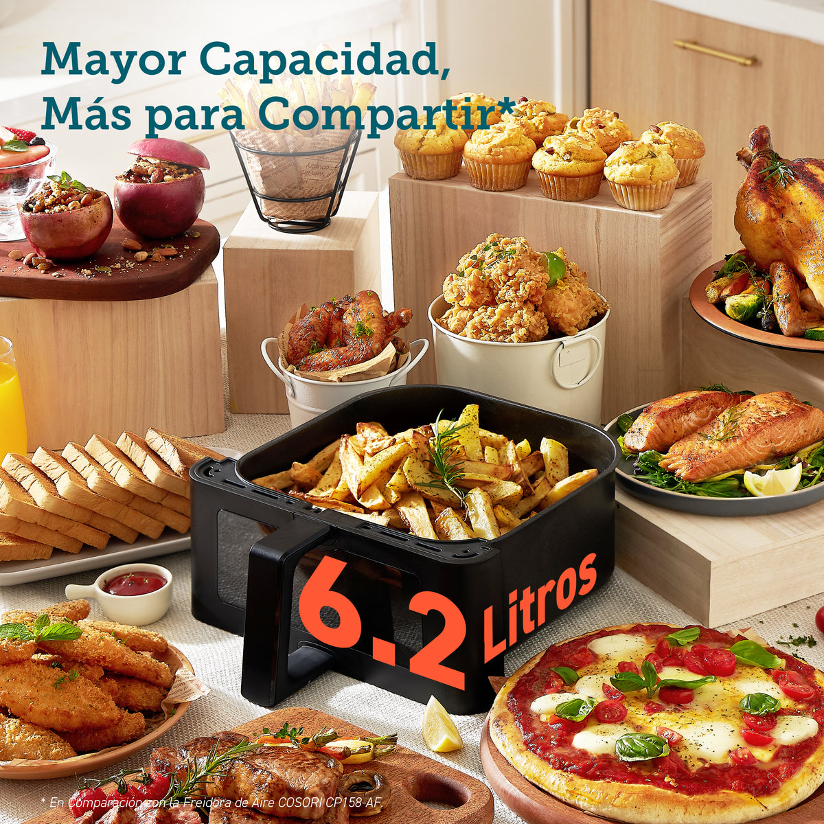 Freidora de aire COSORI 6,2L con gran capacidad para preparar diferentes comidas