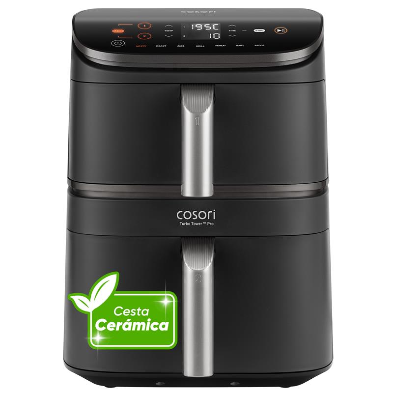 Vista frontal de la Freidora de aire Cosori Turbo Tower™ Pro 10.8L, de doble cesta, en negro, con panel de control táctil.