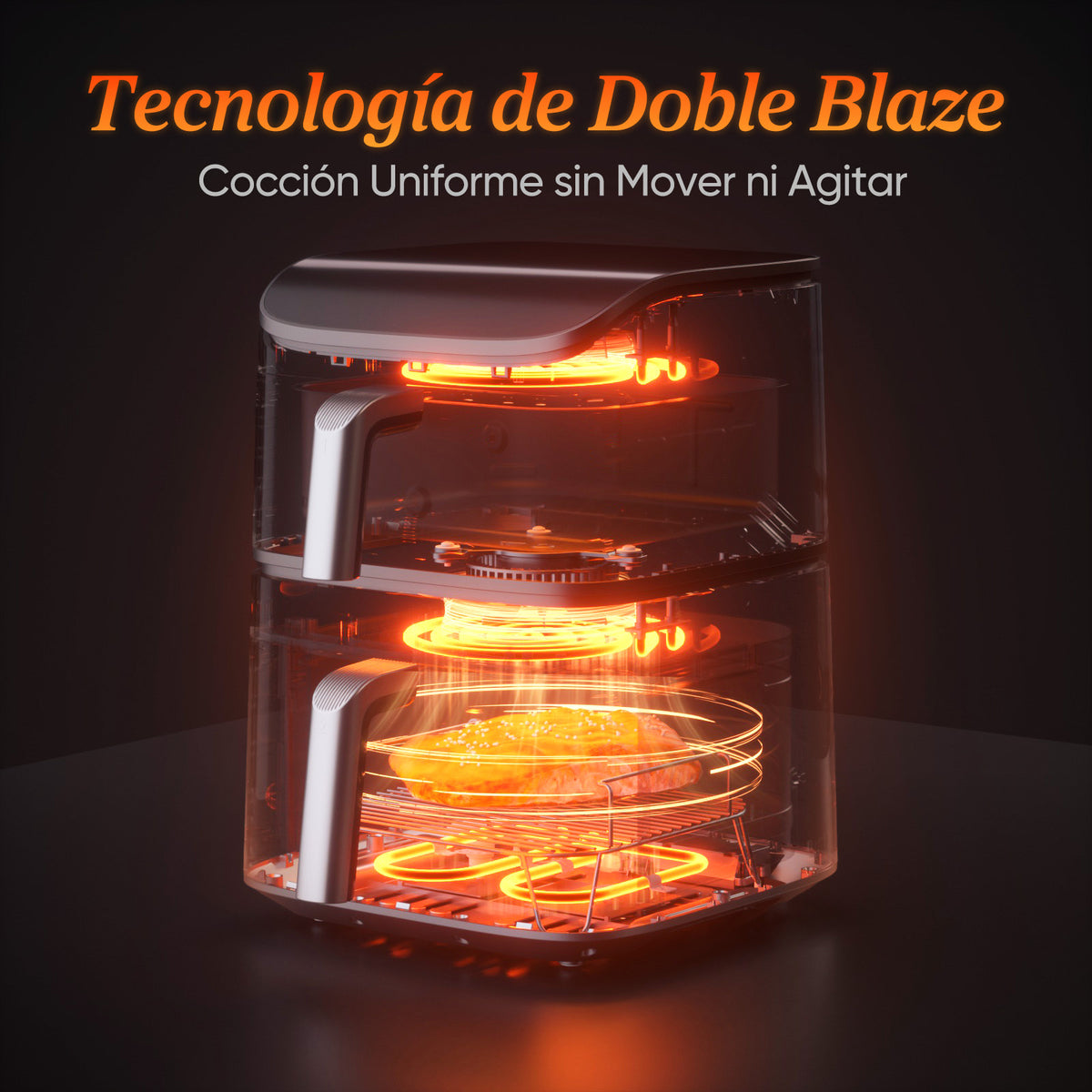 Diagrama de cocción uniforme en 3 niveles (horneado, asar, air fry).