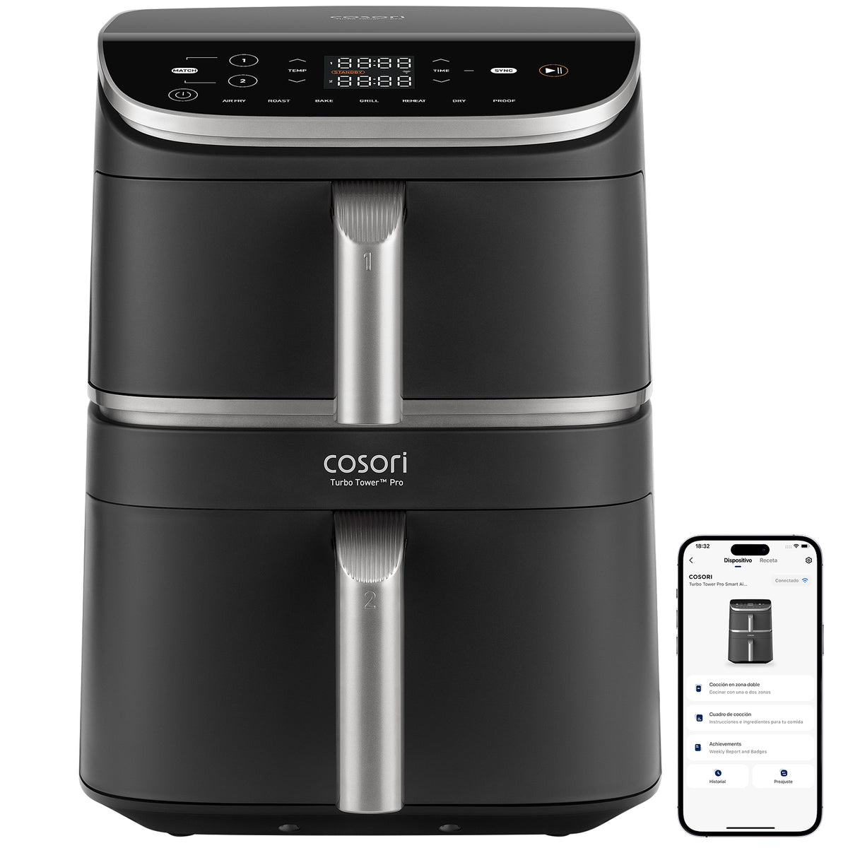 Freidora de aire inteligente COSORI Turbo Tower Pro Smart 10.8L en color negro con smartphone mostrando la app VeSync