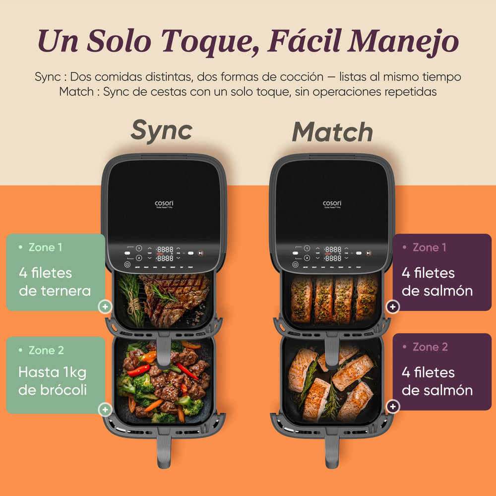 COSORI Turbo Tower Pro: doble cesta vertical con funciones Sync y Match para cocinar platos diferentes a la vez.