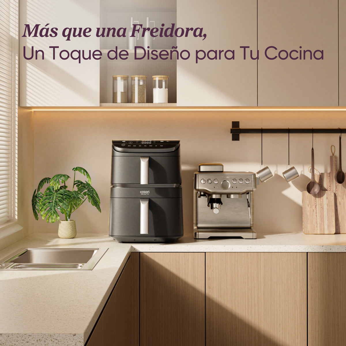 La freidora Cosori Turbo Tower™ compacta y elegante en una encimera de cocina moderna con plantas.