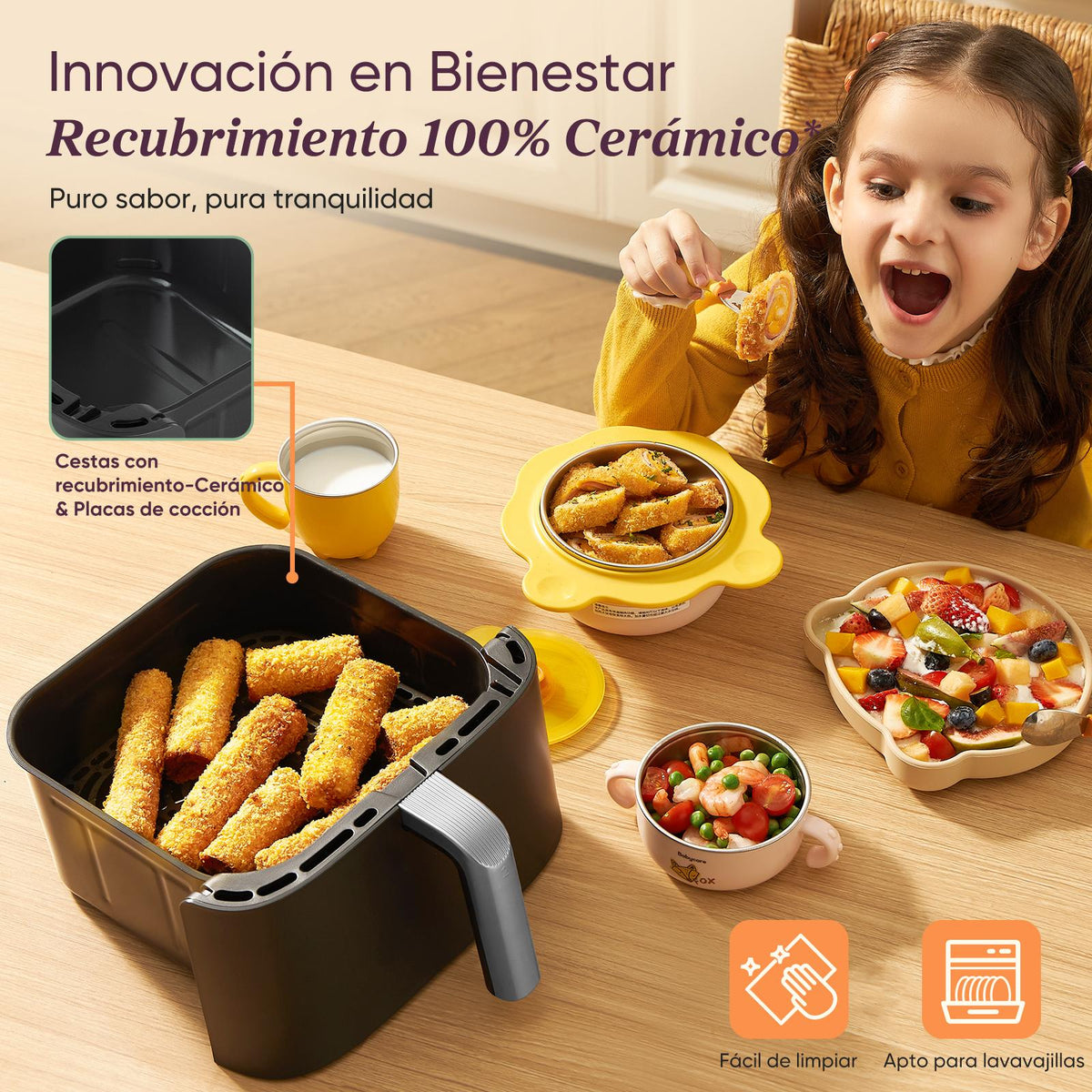 Niña disfrutando de comida saludable preparada en la cesta con recubrimiento 100% cerámico de COSORI
