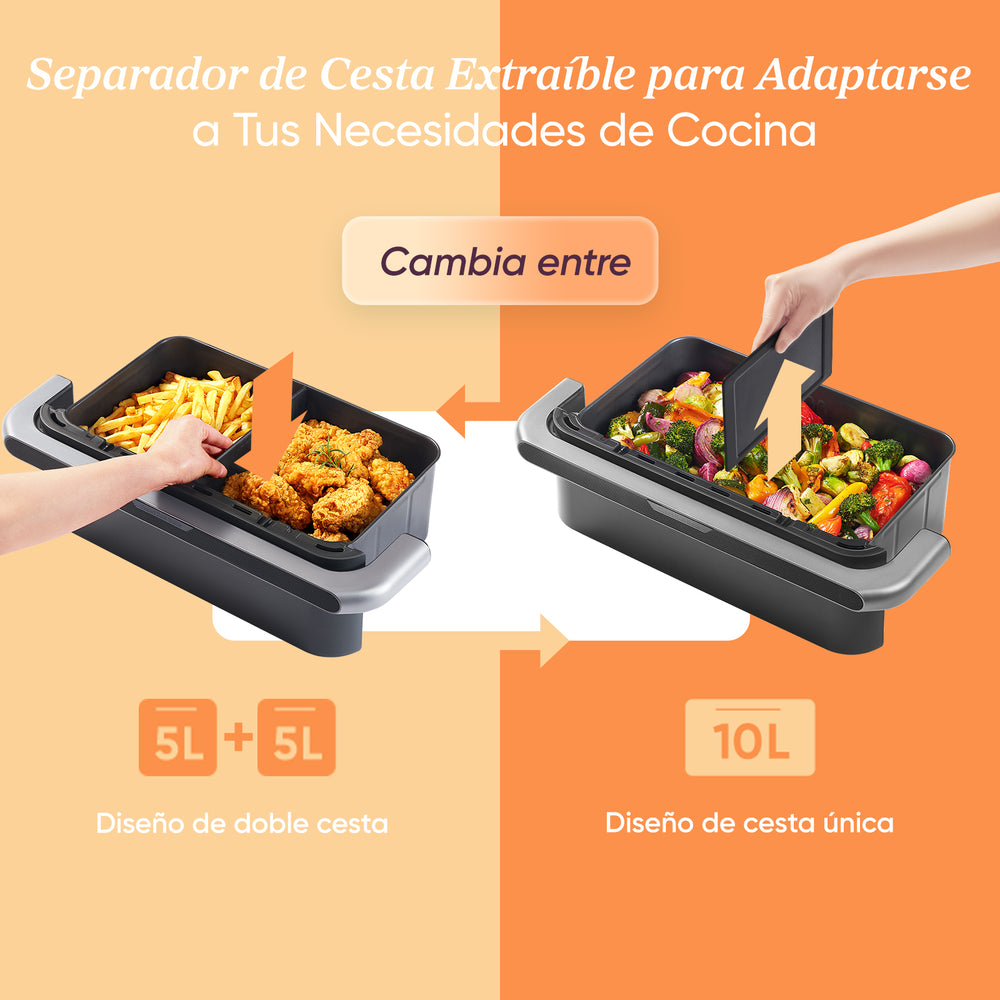 Freidora COSORI TwinFry 10L: cambio entre doble cesta de 5L+5L y cesta única de 10L con separador extraíble