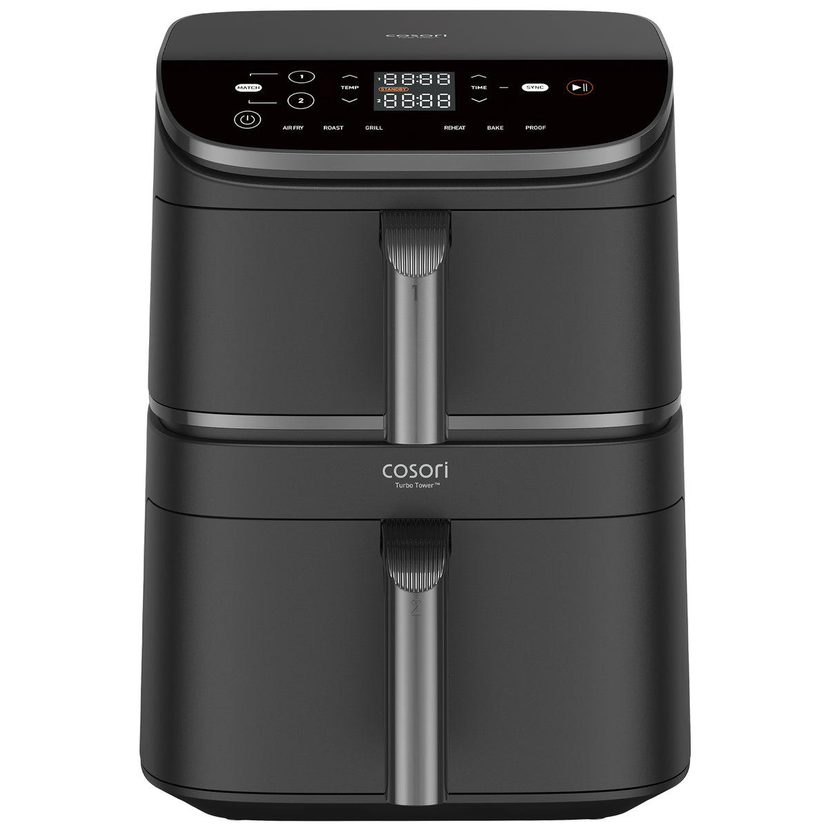 Vista frontal de la Freidora de Aire Cosori Turbo Tower™ de 10.8L, en negro, con doble cesta y panel de control táctil.