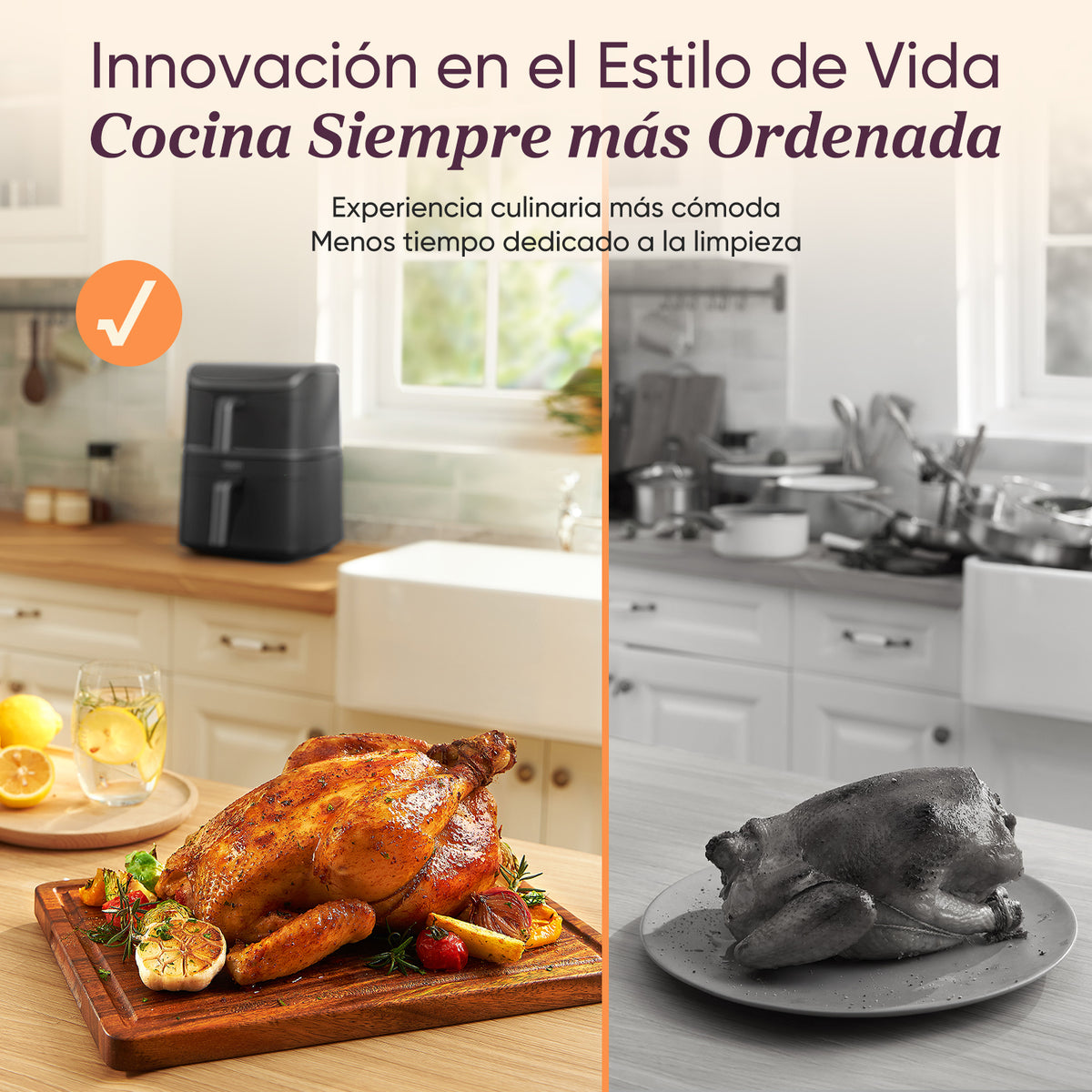 Usuario organizando la cocina con la freidora, destacando la organización.