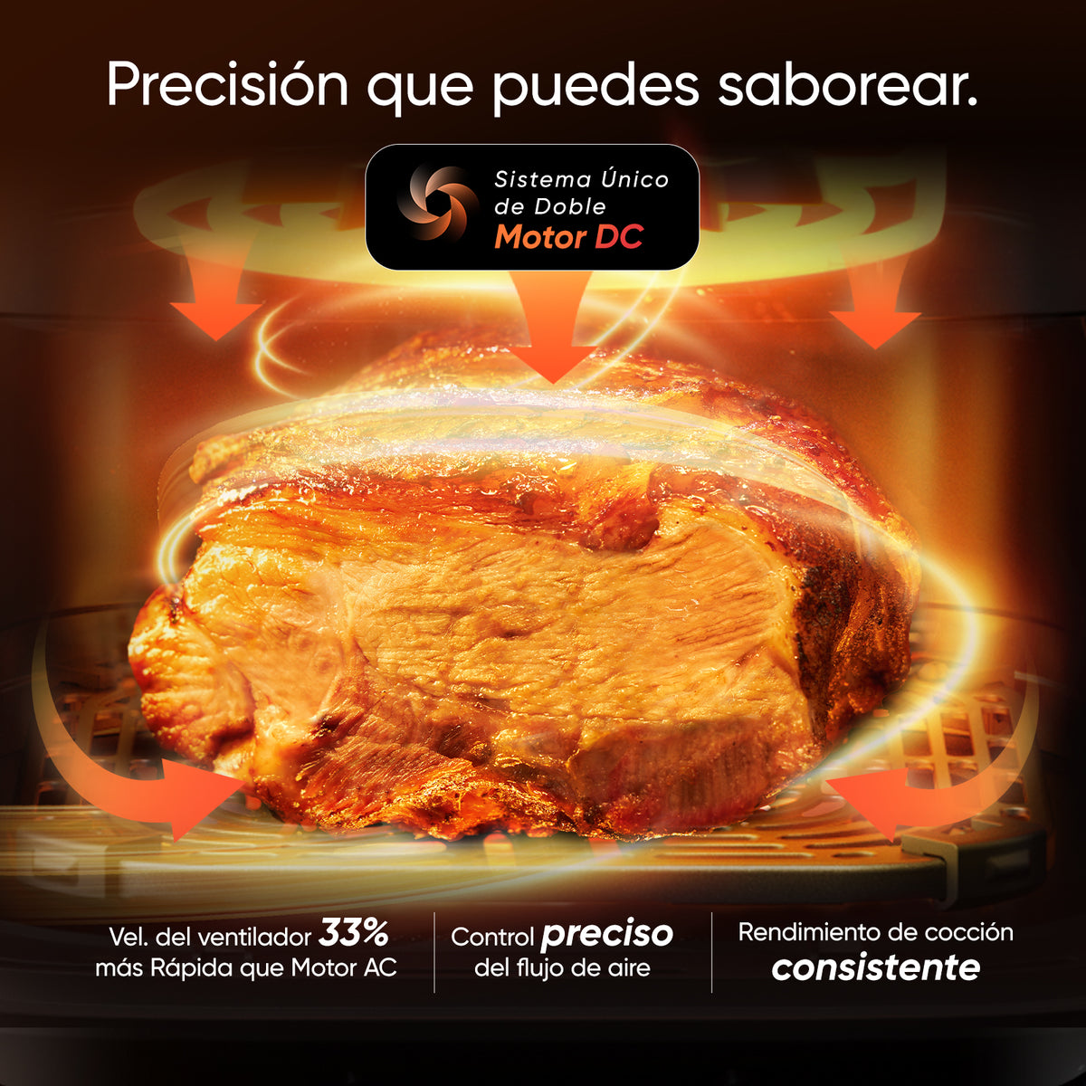 Detalle de la cocción precisa de carne con el sistema único de doble motor DC de la freidora COSORI