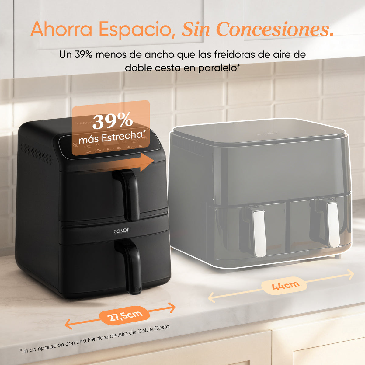 Comparativa de tamaño mostrando que la freidora COSORI Turbo Tower Compacto es un 39% más estrecha en la encimera