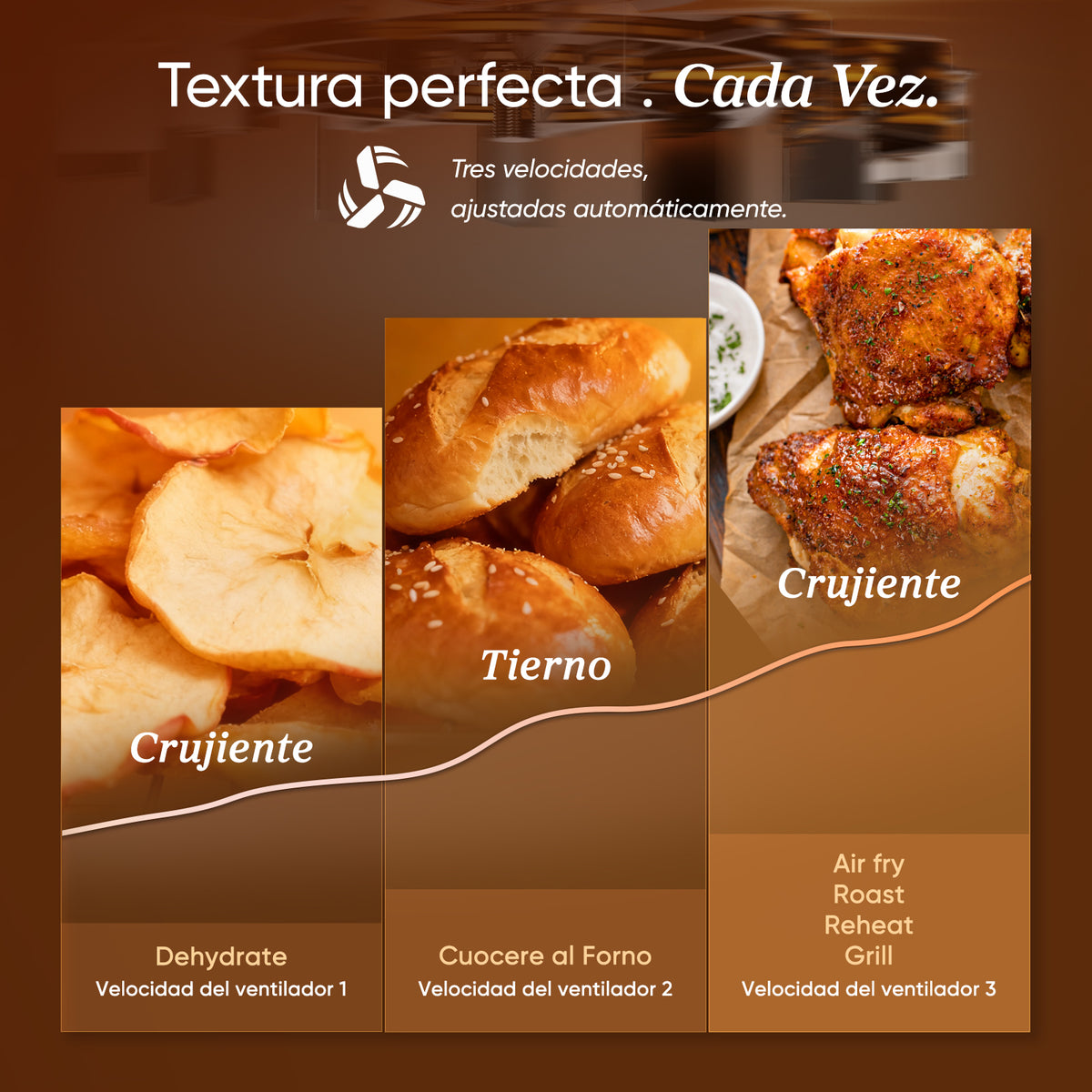 Imagen de diferentes texturas de alimentos preparados con COSORI como deshidratar, tierno y crujiente