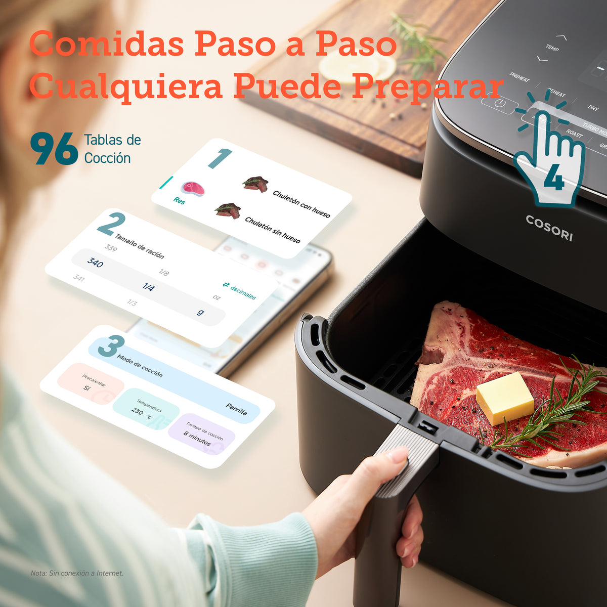 Infografía de la freidora COSORI Turbo Blaze mostrando la guía de "Comidas Paso a Paso" en la app con 96 tablas de cocción