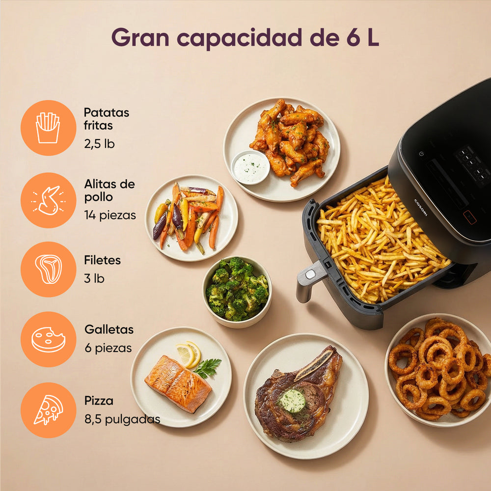 Gráfico de gran capacidad de 6 L de COSORI Turbo Blaze detallando raciones para patatas fritas, alitas de pollo, filetes y quiches