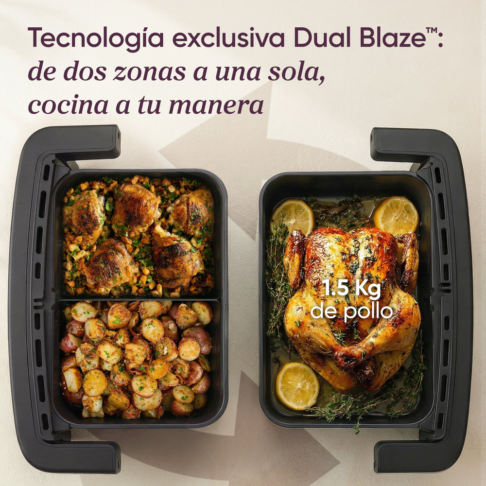 COSORI TwinFry Compacto 8,6L: cesta convertible de dos zonas a una sola para cocinar un pollo entero de 1,5 kg.
