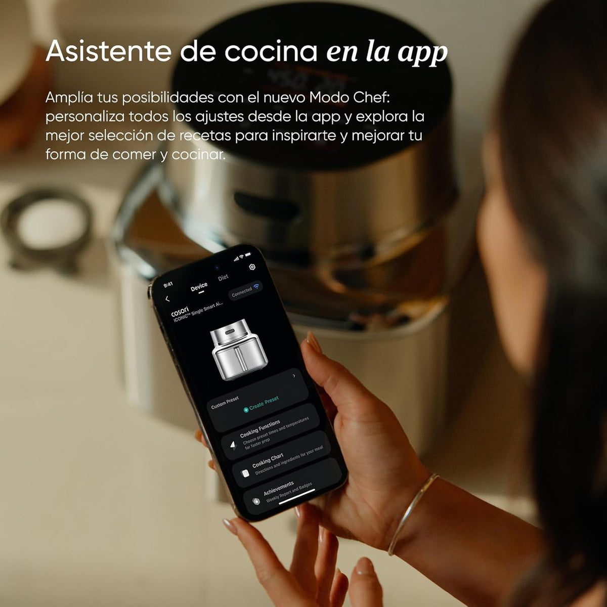 Freidora de aire COSORI con app para controlar la cocción y acceder a recetas